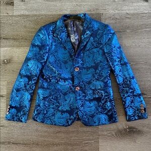 Boys Blue Paisley Velvet Jacquard Slim Blazer Jacket, size 8